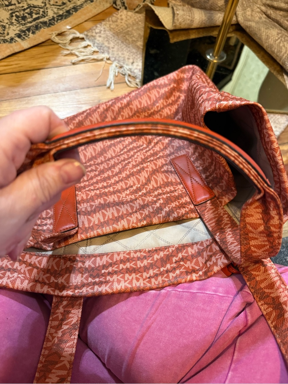 Michael Kors Coral-Red MK Logo Tote with Gold Accent - Picture 7 of 16